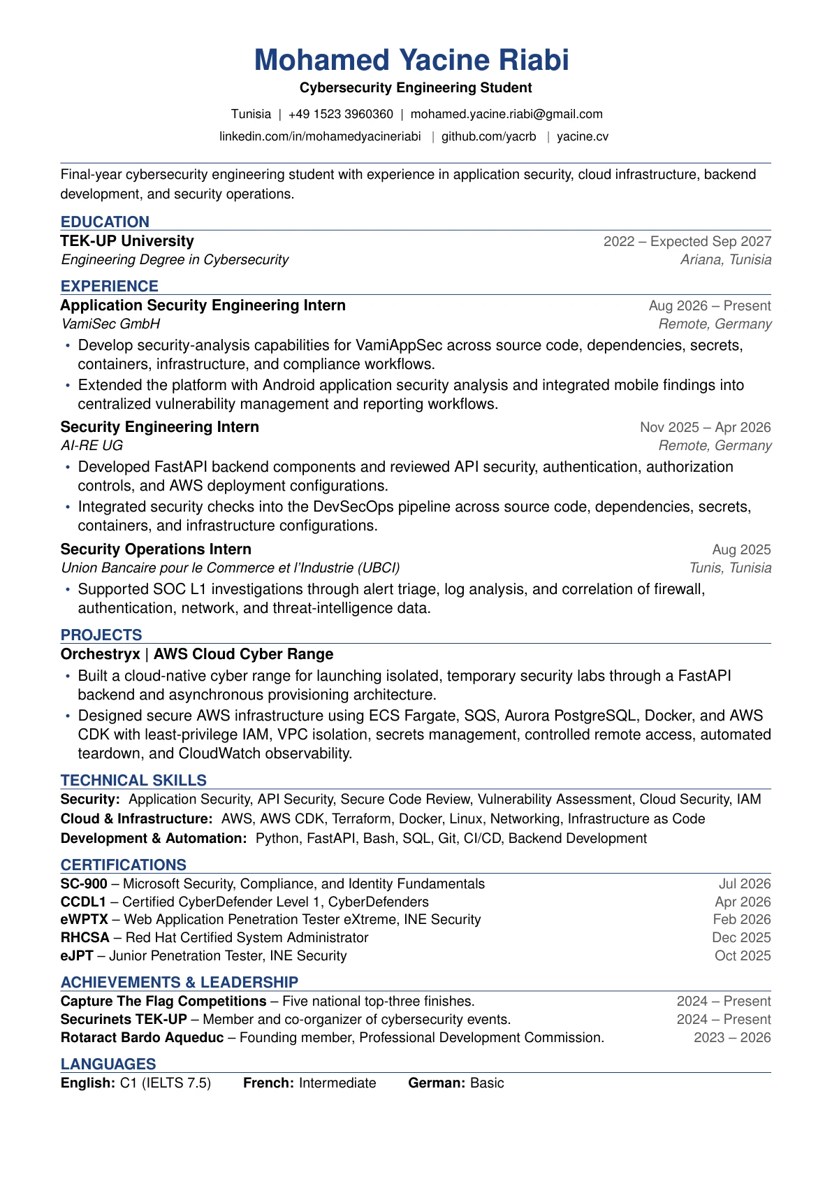 Preview of Mohamed Yacine Riabi’s one-page CV