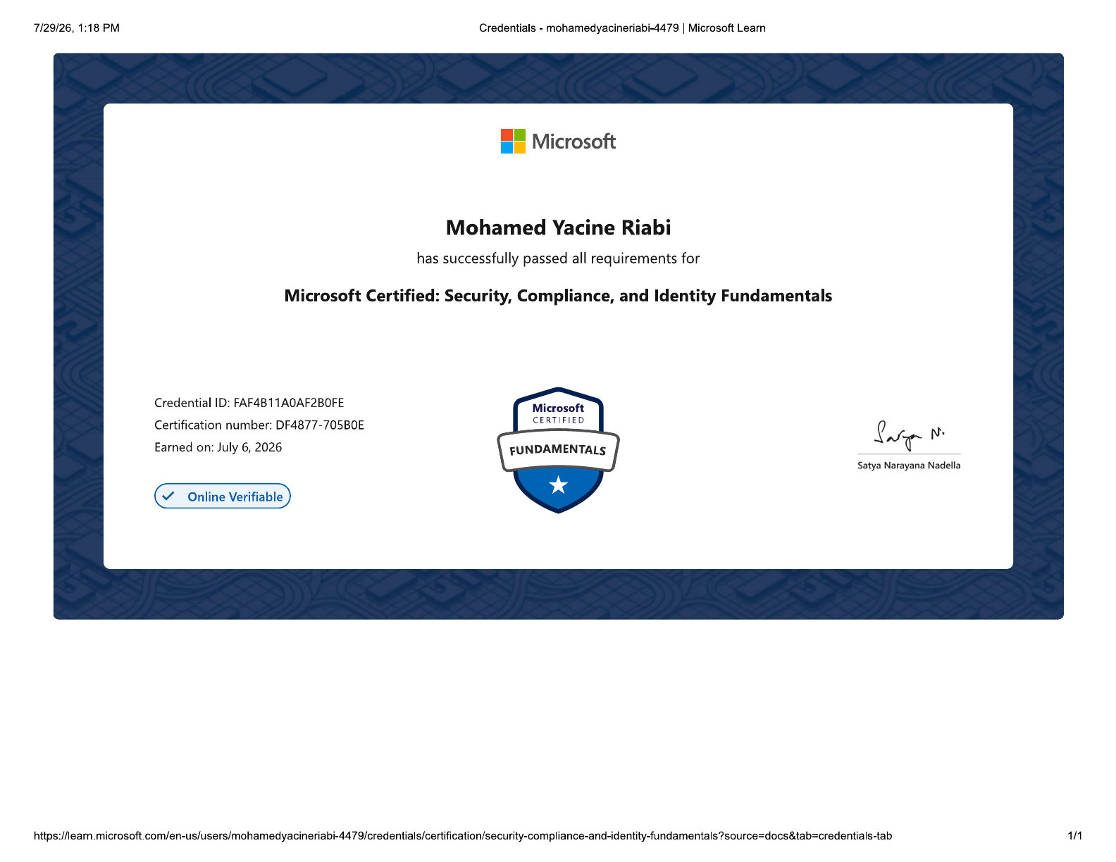 Microsoft Certified: Security, Compliance, and Identity Fundamentals certificate
