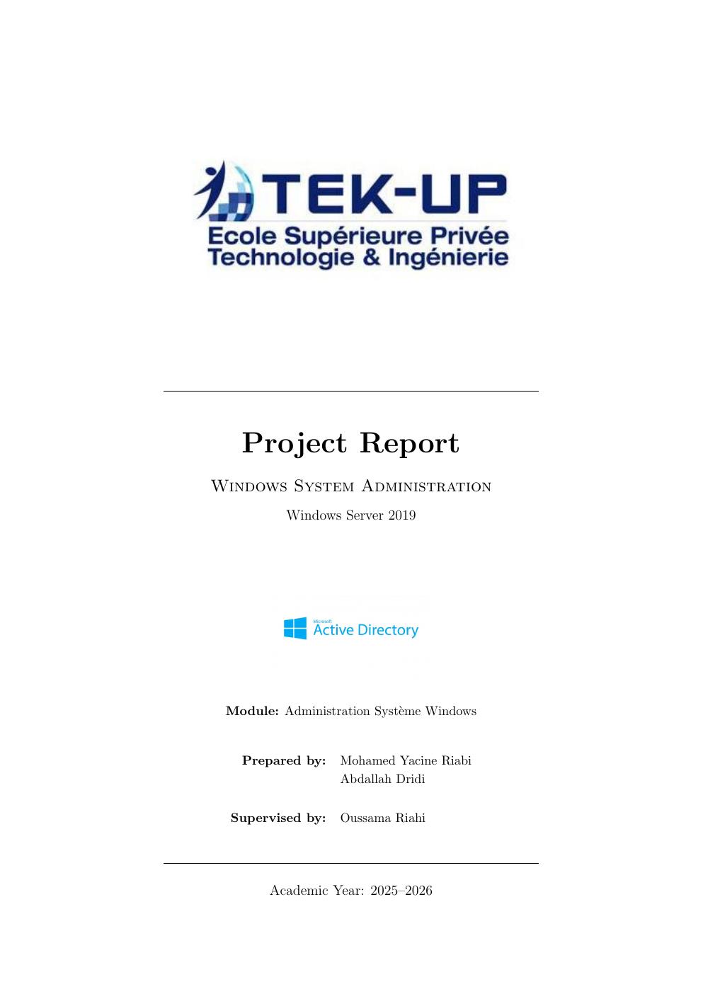 Cover of the Windows Server 2019 Active Directory project report